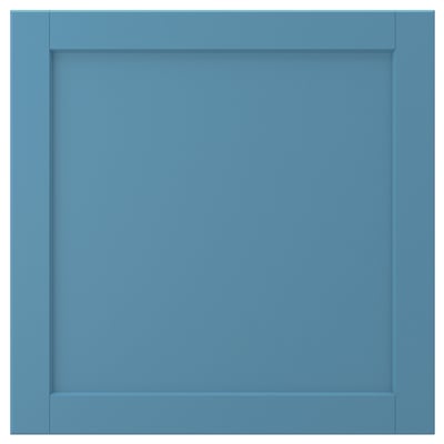 LERHYTTAN blauwe keukenkast, vierkant, met houten frame en inzetpaneel.