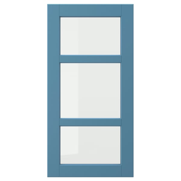 LERHYTTAN blauwe houten deur met heldere glazen panelen. Rechthoekige vorm, traditionele stijl.