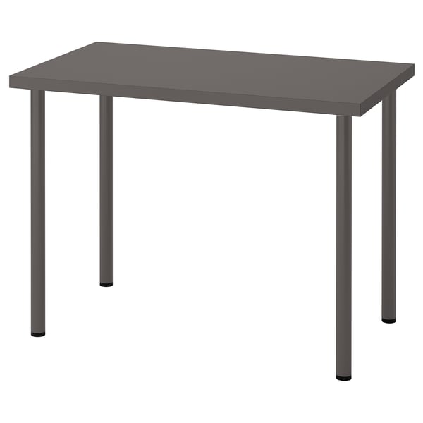 Moderne grijze rechthoekige tafel met metalen poten, ideaal voor minimalistische ruimtes.