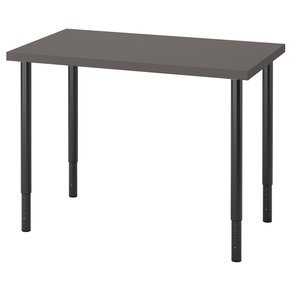 Geeft een LINNMON-tafel weer. Het is zwart met in hoogte verstelbare poten. Gebouwd voor veelzijdigheid en duurzaamheid, het heeft een modern, rechthoekig ontwerp.