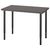Geeft een LINNMON-tafel weer. Het is zwart met in hoogte verstelbare poten. Gebouwd voor veelzijdigheid en duurzaamheid, het heeft een modern, rechthoekig ontwerp.