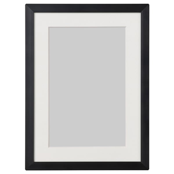 Zwart LOMVIKEN frame met witte mat, rechthoekige, dunne metalen rand.