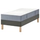 Een blauwe en grijze matras en bedbodemset. De matras heeft comfortzones en pocketveren, geplaatst op een grijze bedbodem met houten poten.