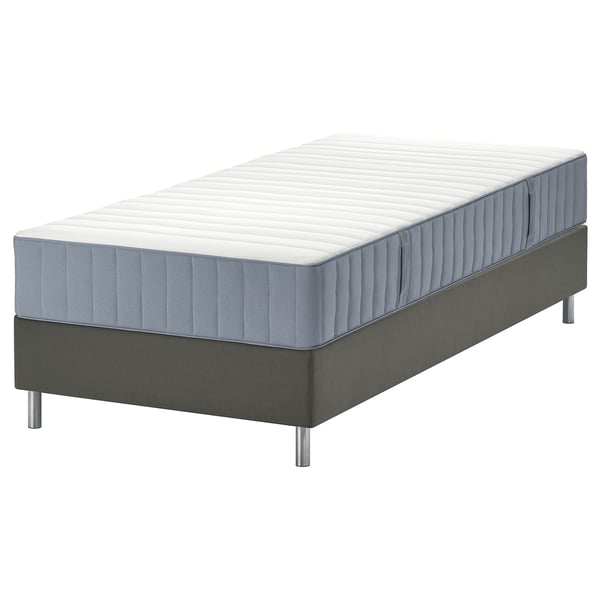 Ikea LYNGÖR bedbodem in grijs met bijpassend matras, met versterkte randen en comfortzones voor ondersteuning.
