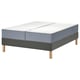LYNGÖR beddenset met grijsblauwe matras en donkergrijze bodem, bestaande uit pocketveringmatras en platte lattenbodem, rustend op lichthouten poten.