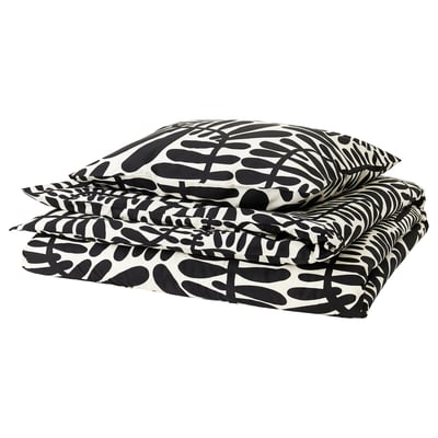 MAJSMOTT dekbedset - zwart/witte bladprint, katoen/viscose.