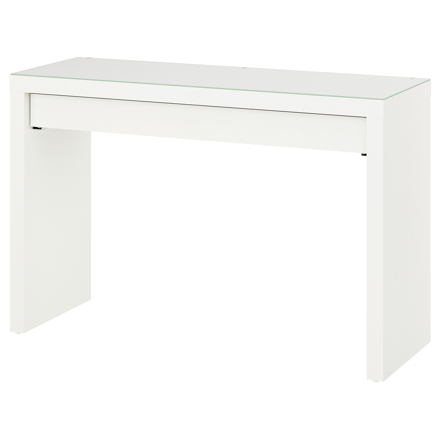 MALM wit bureau, glazen blad, modern, minimalistisch design, strakke lijnen.