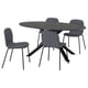 Zwarte ronde eettafel met 4 grijze stoffen stoelen.