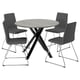 Moderne ronde eettafel met strakke metalen poten en drie bijpassende grijze stoffen stoelen.