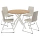 De MARIEDAMM eethoek met een licht houten ronde tafel en vier grijze stoffen stoelen.