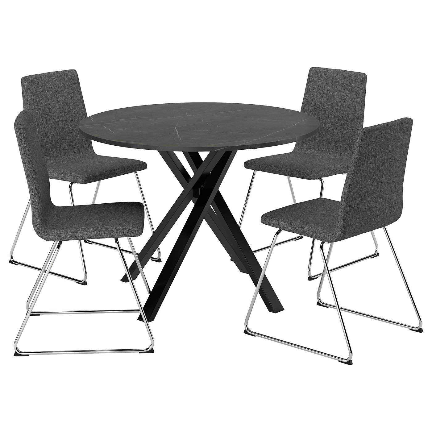 MARIEDAMM / ODGER Tafel en 4 stoelen zwart marmerpatroon/Gunnared donkergrijs verchroomd 105 cm