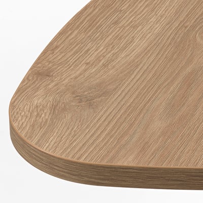 Houten tafelblad met zwart metalen statief, anti-vingerafdruk ontwerp, voor kleine ruimtes.