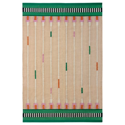 MÄVINN vloerkleed: beige jute met groene randen, wollen accenten, rechthoekige, moderne strepen.