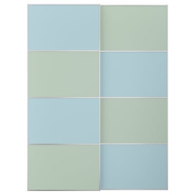 Een paar lichtblauwe en groene glazen schuifdeuren, verticaal uitgelijnd met een modern design.