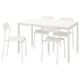 MELLTORP witte vierkante eettafel met vier stapelbare stoelen.
