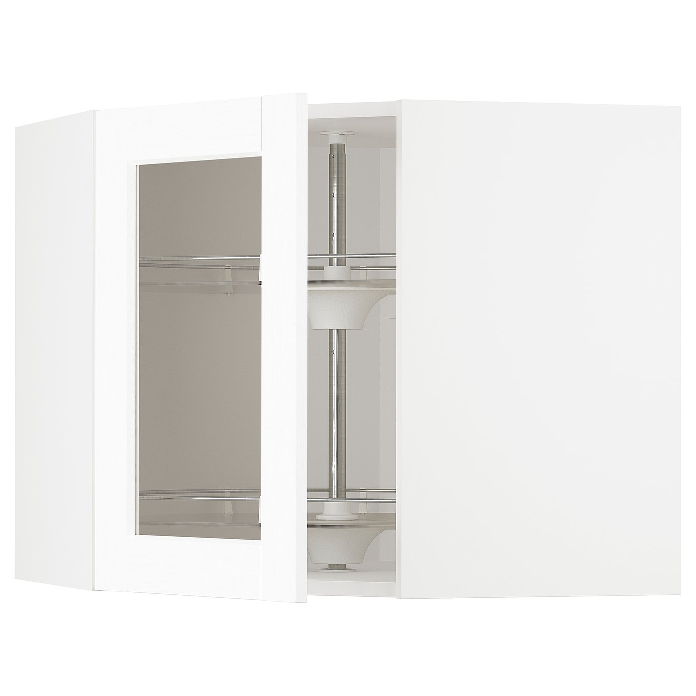 Een witte METOD keukenkast met glazen deuren en een verstelbare plank.