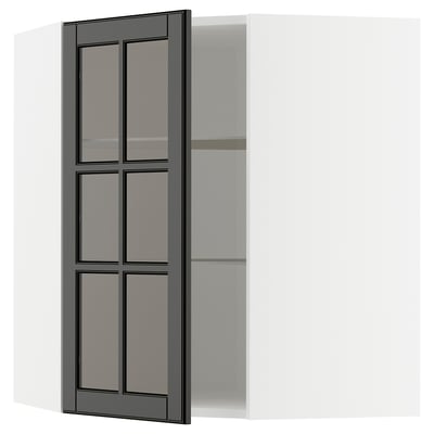 Moderne zwarte keukenkast met glazen deuren, verstelbare planken.