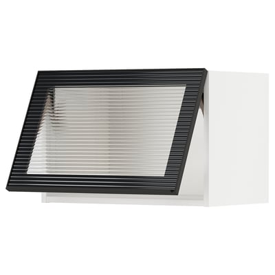 Moderne zwarte keukenkast met strakke glazen deur met verticale riettextuur.