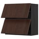 Donkerbruine houten keukenkast met hoekig design en twee deuren.