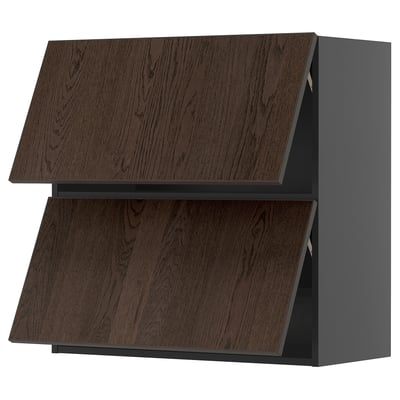 Modern keukenblok, donkerbruine houtnerf, twee schuine deuren, strak design.