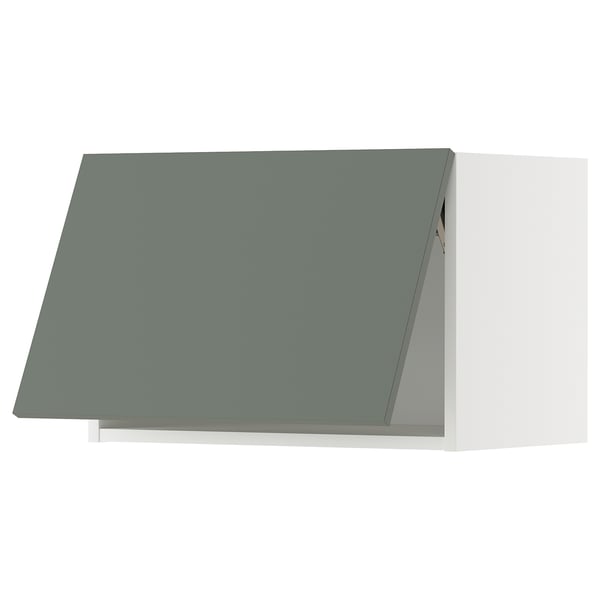 Moderne grijsgroene keukenkast, hoekig design, metalen scharnieren, strakke afwerking.