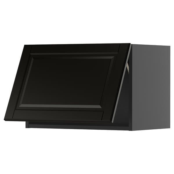 Zwarte keukenkast met afgeschuinde randen, 3d rechthoekige vorm, strak modern design.