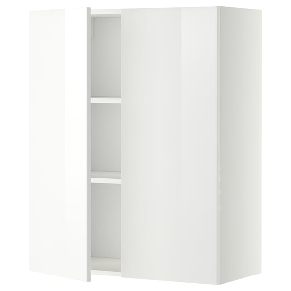 Witte hoogglans keukenkast met één open deur, twee legplanken. Modern en strak design.