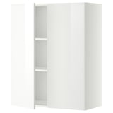 Witte hoogglans keukenkast met één open deur, twee legplanken. Modern en strak design.