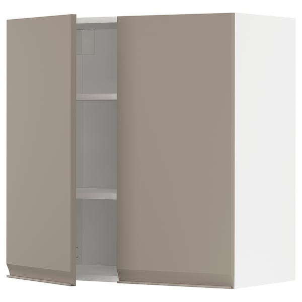 Moderne keukenkast in grijs-beige met verstelbare planken, handgrepen aan de zijkanten.