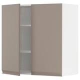 Moderne keukenkast in grijs-beige met verstelbare planken, handgrepen aan de zijkanten.