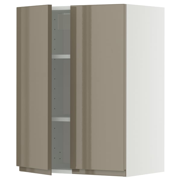 Moderne keukenkast, beige, glanzende afwerking, twee deuren, wandmontage, stijlvol design.