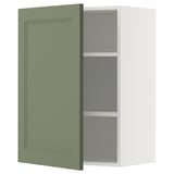 Open wandkast van METOD systeem, wit met grijsgroene deur, rechthoekig, twee planken, modern design.