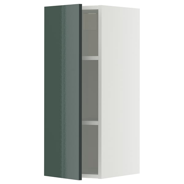METOD kast, glanzend grijsgroen, wandmontage, wit frame, twee legplanken.
