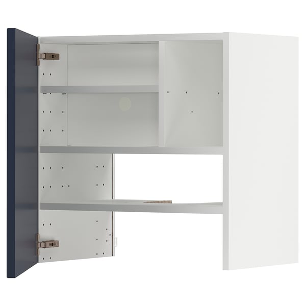 METOD blauwe keukenkast, modern, rechthoekig, 3 planken, open deuren.