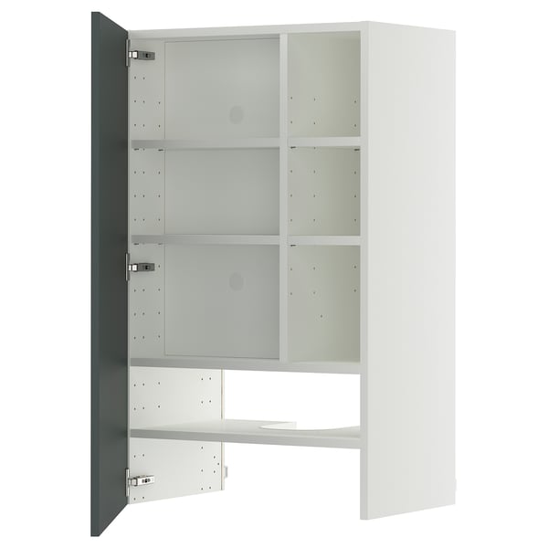 Witte METOD kast, modern design, drie verstelbare legplanken, grijsgroene hoogglans deur.