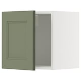 Moderne keukenkast met groene deur, witte doos, vierkante vorm, plat ontwerp.