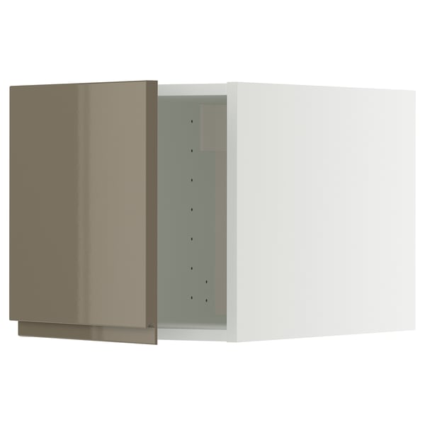 METOD keukenkast in hoogglans donker grijsbruin met strak design en geïntegreerde handgrepen, onderdeel van modern keukensysteem.