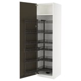 Witte METOD kast. Donkerbruine uittrekbare planken. Verticaal ontwerp. Moderne keuken berging.