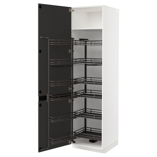Moderne witte METOD keukenkast met zwarte uittrekbare planken.