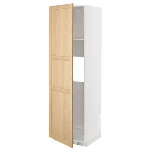 Deze afbeelding toont een witte en lichthouten keukenkast uit het METOD-systeem, met twee deuren en een enkele interne plank.