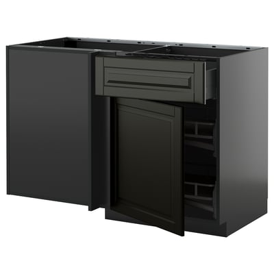 Modern zwart keukenblok met uittrekbare planken en lades, strak design.