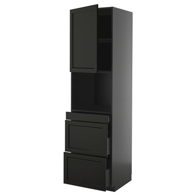 Zwart METOD keukenblok met planken en lades, strak modern design, houten afwerking.