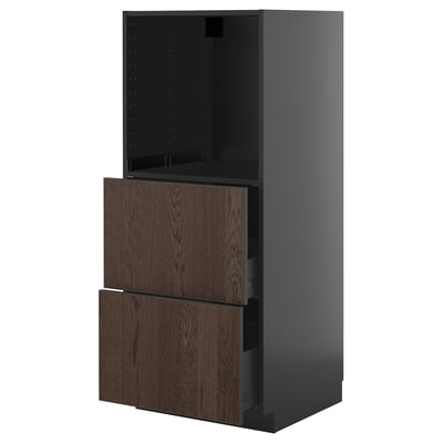Moderne zwarte en donkerhouten keukenkast, strak design met verstelbare planken.