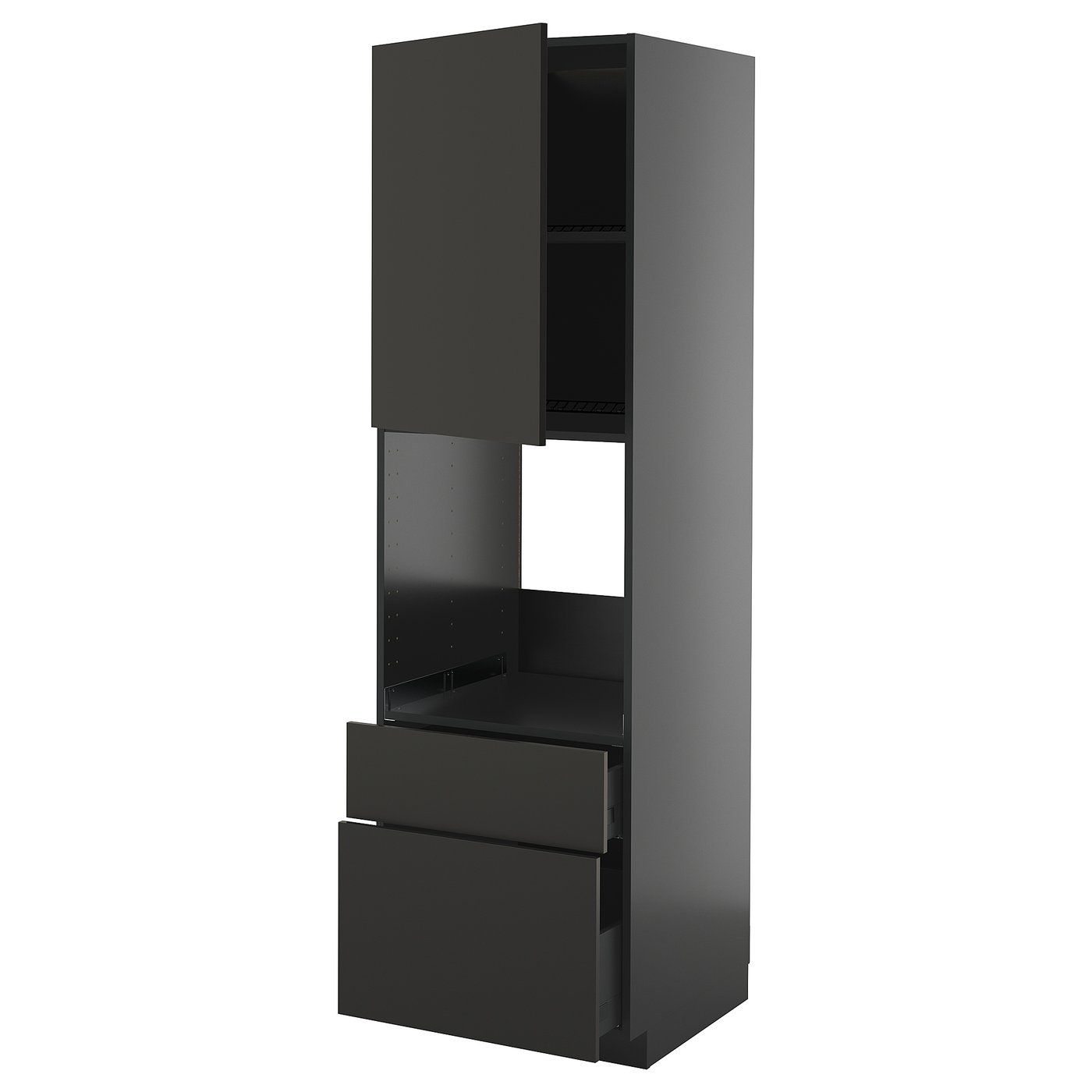 Deze afbeelding toont een hoog zwart ikea METOD keukenblok met lades en planken.
