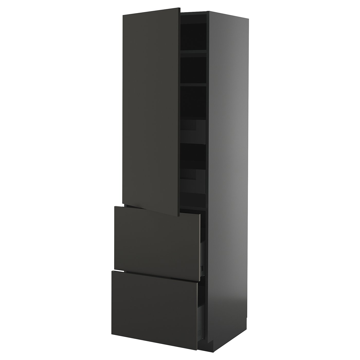 Moderne zwarte keukenkast, strak design met drie deuren, modieus en praktisch.