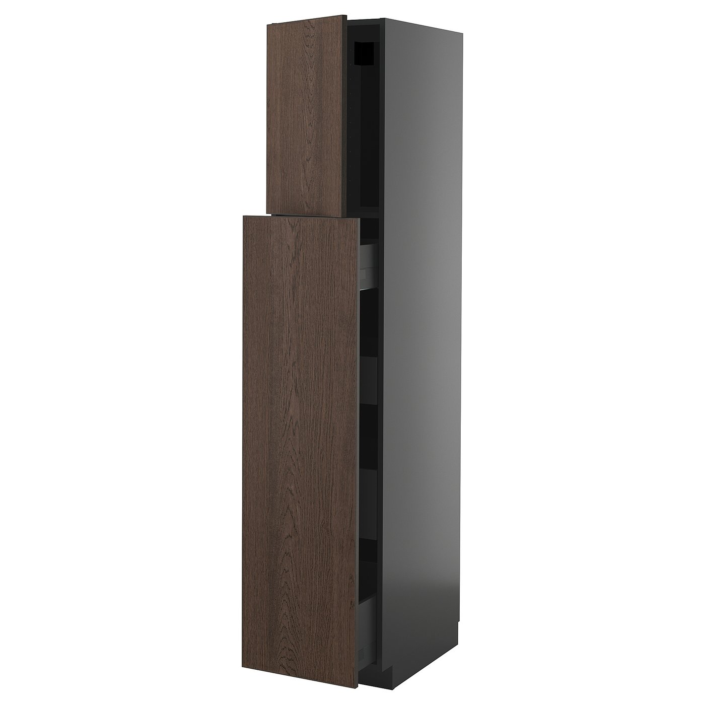 METOD / KNIVSHULT Hoge kast + uittrekf 1 deur/4 lades zwartgrijs/Sinarp bruin 40x60x200 cm