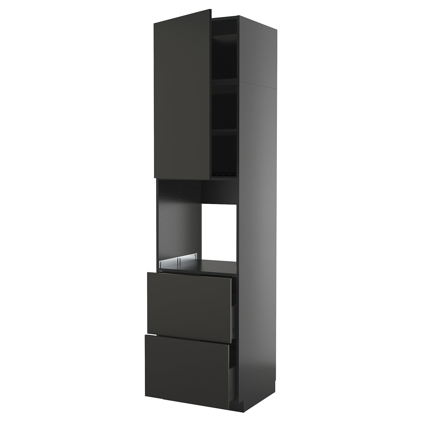 Een zwarte METOD keukenkast met een modern design. Het is een hoge kast met een deur, planken en twee lades, gemaakt van spaanplaat en plastic folie.