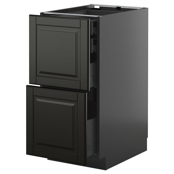 Zwarte METOD keukenkast met twee afgeschuinde ladefronten en een uittrekbare lade, strak en modern design.