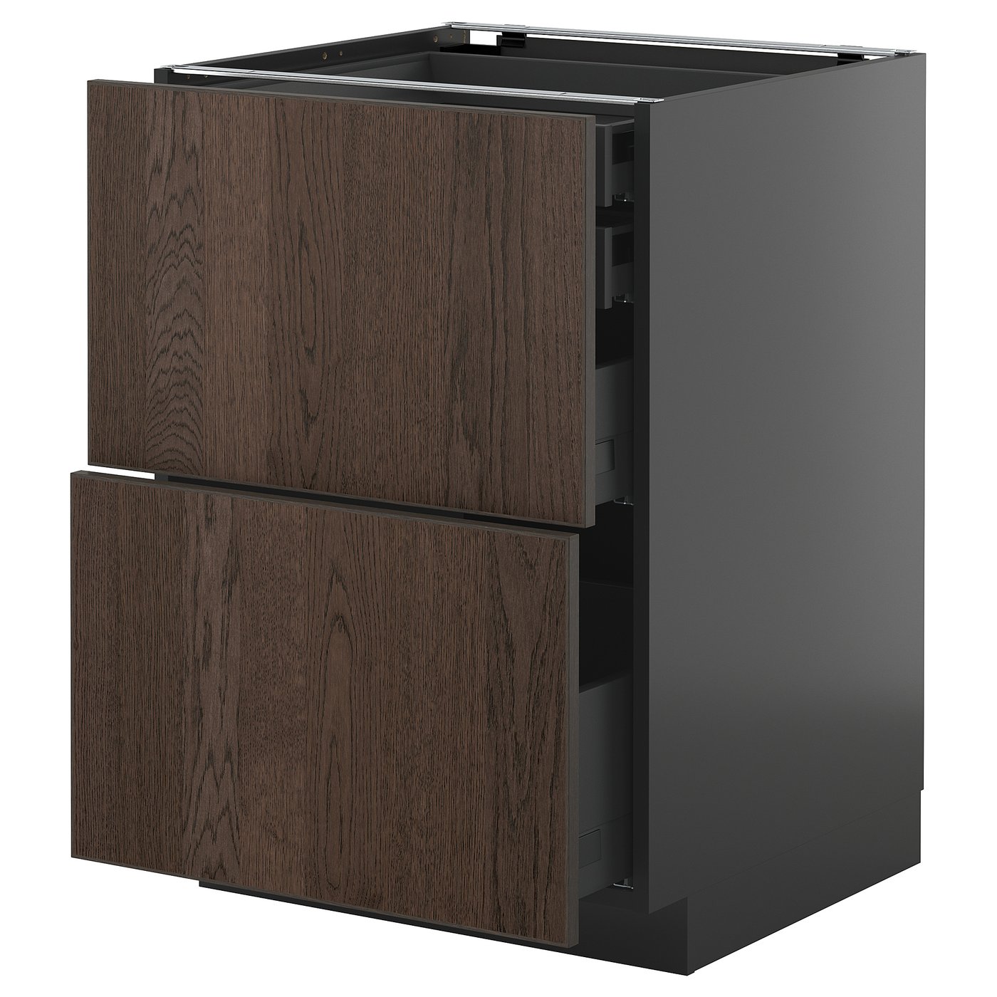 Moderne keukenkast in donkerbruin met twee uittrekbare lades en strak design.