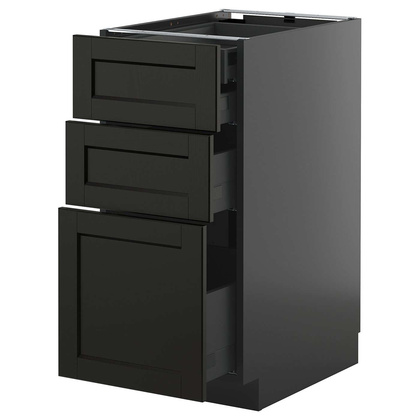 Moderne zwarte keukenkast met drie open lades, strak design, metalen handgrepen.